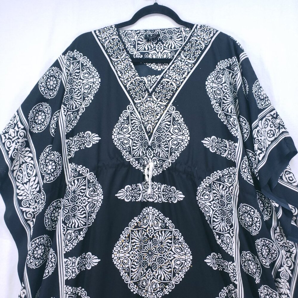 Nf Black and White Floral Geometric Pattern Moo Moo Kaftan Relaxed Maxi Dress - Picture 2 of 16